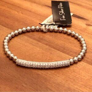 Fine Silver Plate | Pave Cubic Zirconia Beaded Bracelet  | Small 2.25” Diameter